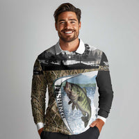 Personalized Largemouth Bass Fishing Long Sleeve Polo Shirt with Camo Reeds - Outdoor Angler Design - Wonder Print Shop