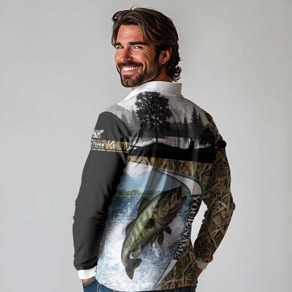 Personalized Largemouth Bass Fishing Long Sleeve Polo Shirt with Camo Reeds - Outdoor Angler Design - Wonder Print Shop