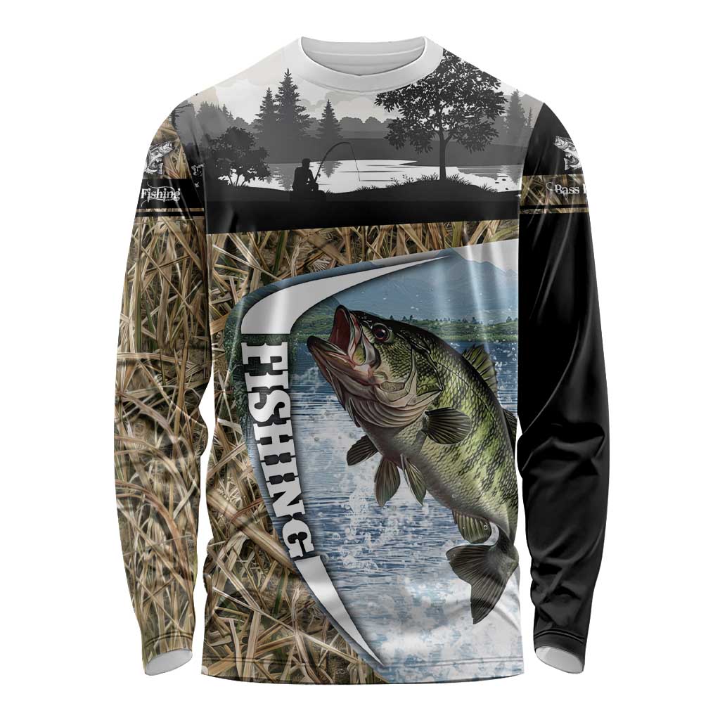 Personalized Largemouth Bass Fishing Long Sleeve Shirt with Camo Reeds - Outdoor Angler Design - Wonder Print Shop