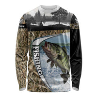 Personalized Largemouth Bass Fishing Long Sleeve Shirt with Camo Reeds - Outdoor Angler Design - Wonder Print Shop