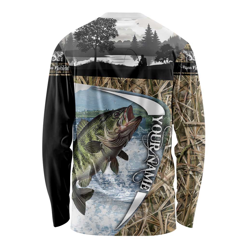 Personalized Largemouth Bass Fishing Long Sleeve Shirt with Camo Reeds - Outdoor Angler Design - Wonder Print Shop
