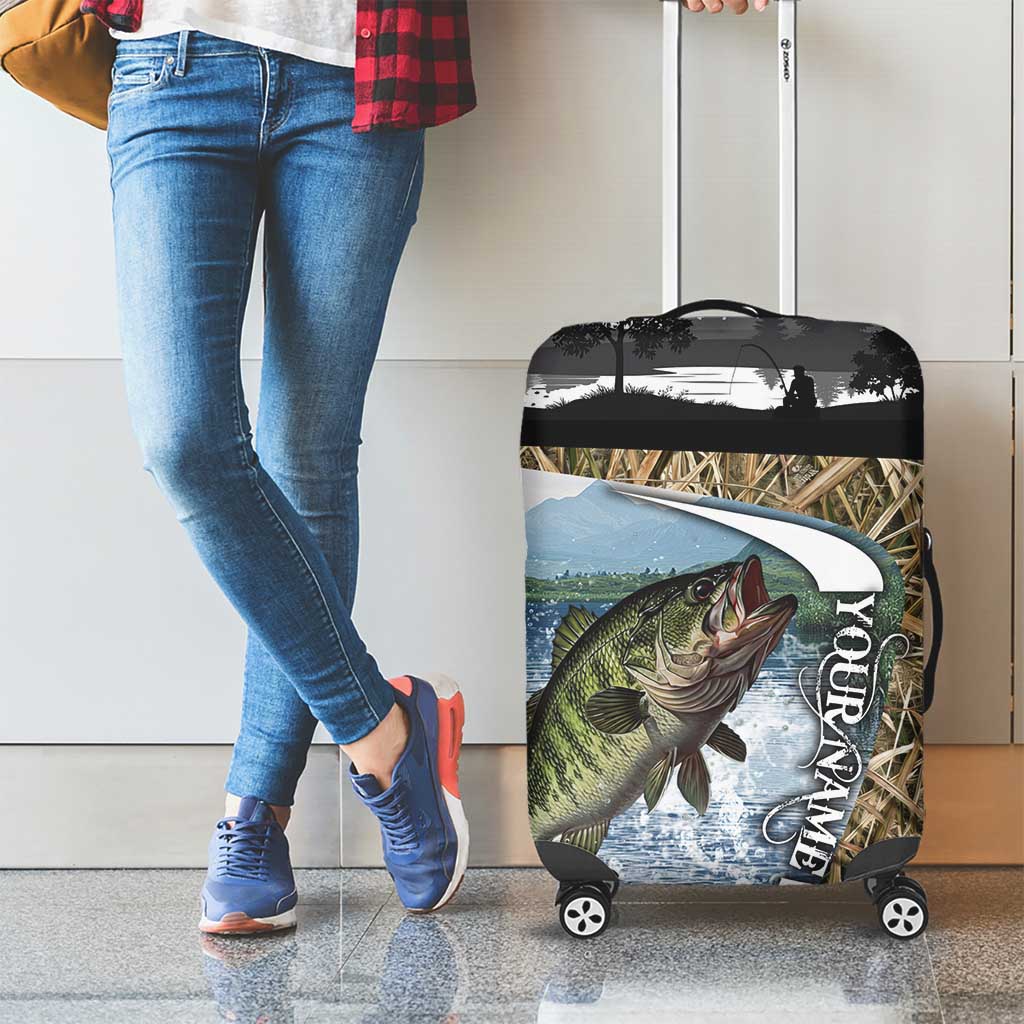 Personalized Largemouth Bass Fishing Luggage Cover with Camo Reeds - Outdoor Angler Design - Wonder Print Shop