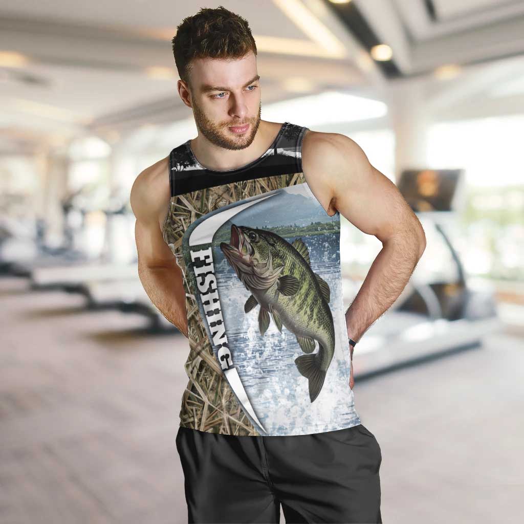 Personalized Largemouth Bass Fishing Men Tank Top with Camo Reeds - Outdoor Angler Design - Wonder Print Shop