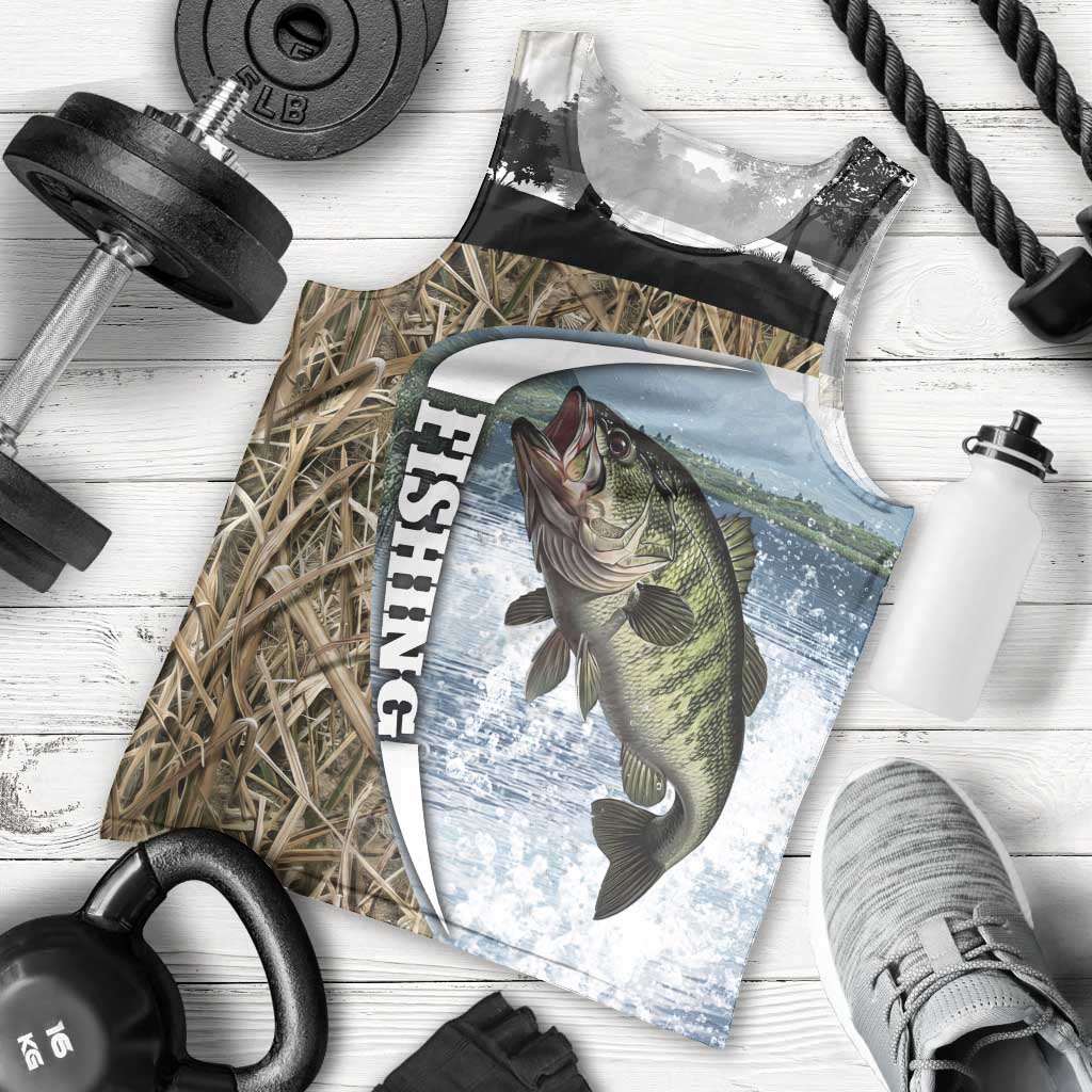 Personalized Largemouth Bass Fishing Men Tank Top with Camo Reeds - Outdoor Angler Design - Wonder Print Shop