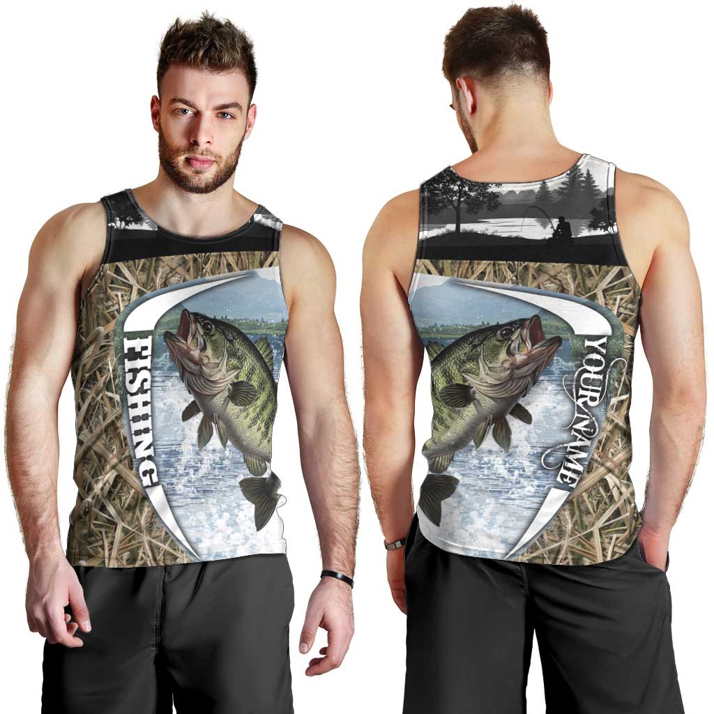 Personalized Largemouth Bass Fishing Men Tank Top with Camo Reeds - Outdoor Angler Design - Wonder Print Shop