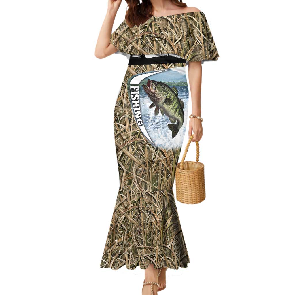 Personalized Largemouth Bass Fishing Mermaid Dress with Camo Reeds - Outdoor Angler Design - Wonder Print Shop