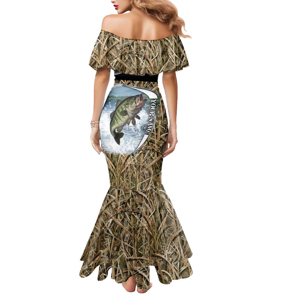 Personalized Largemouth Bass Fishing Mermaid Dress with Camo Reeds - Outdoor Angler Design - Wonder Print Shop