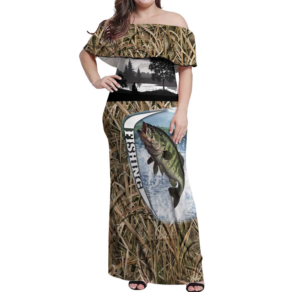 Personalized Largemouth Bass Fishing Off Shoulder Maxi Dress with Camo Reeds - Outdoor Angler Design - Wonder Print Shop