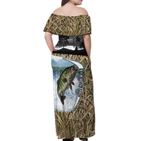 Personalized Largemouth Bass Fishing Off Shoulder Maxi Dress with Camo Reeds - Outdoor Angler Design - Wonder Print Shop