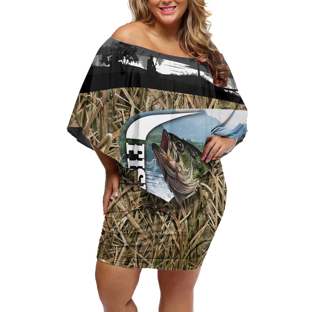 Personalized Largemouth Bass Fishing Off Shoulder Short Dress with Camo Reeds - Outdoor Angler Design - Wonder Print Shop