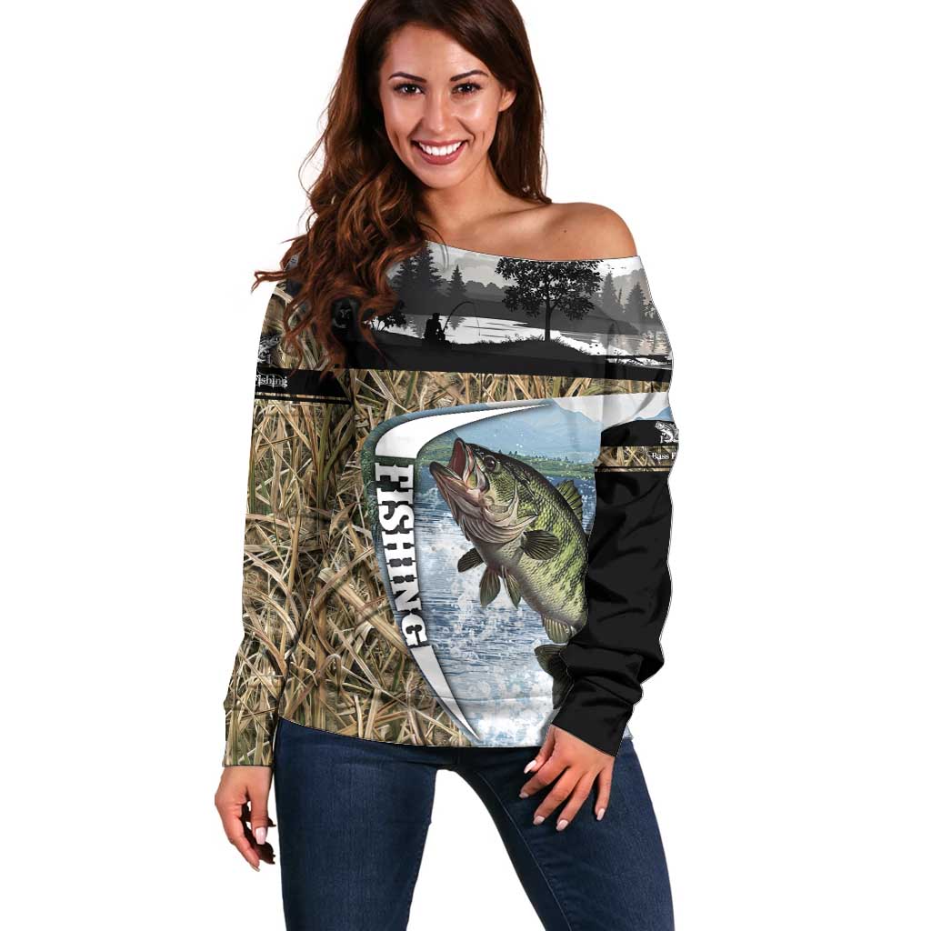 Personalized Largemouth Bass Fishing Off Shoulder Sweater with Camo Reeds - Outdoor Angler Design - Wonder Print Shop