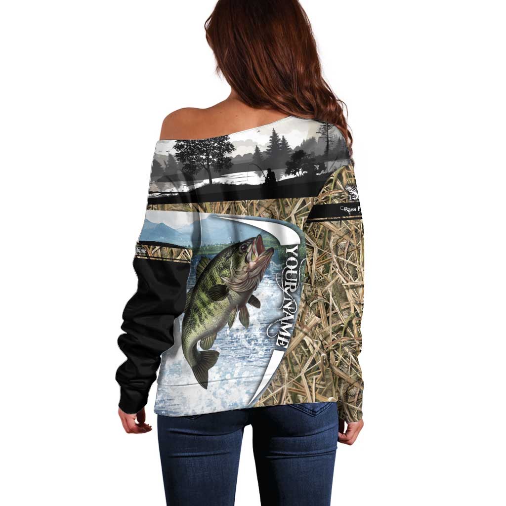 Personalized Largemouth Bass Fishing Off Shoulder Sweater with Camo Reeds - Outdoor Angler Design - Wonder Print Shop