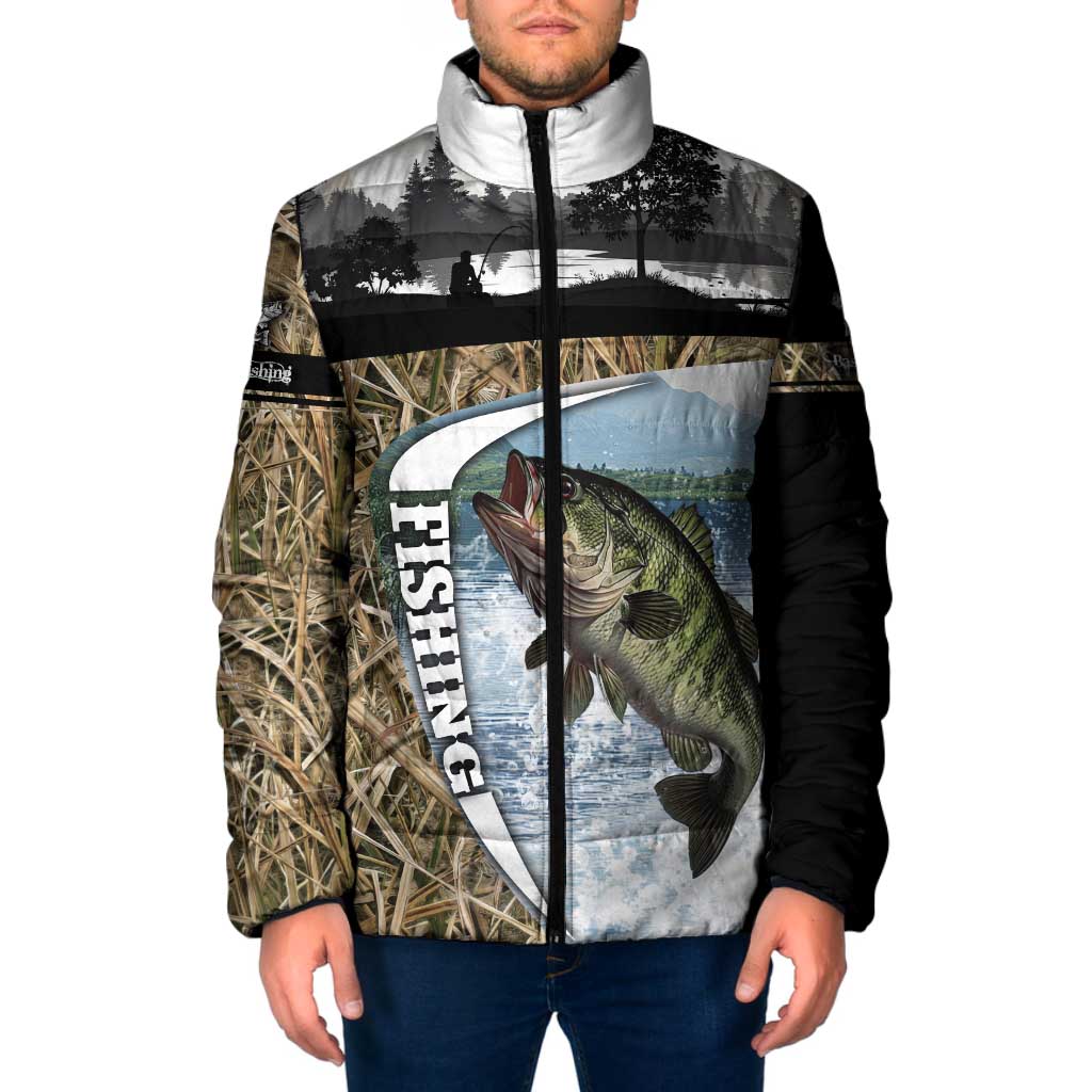 Personalized Largemouth Bass Fishing Padded Jacket with Camo Reeds - Outdoor Angler Design - Wonder Print Shop