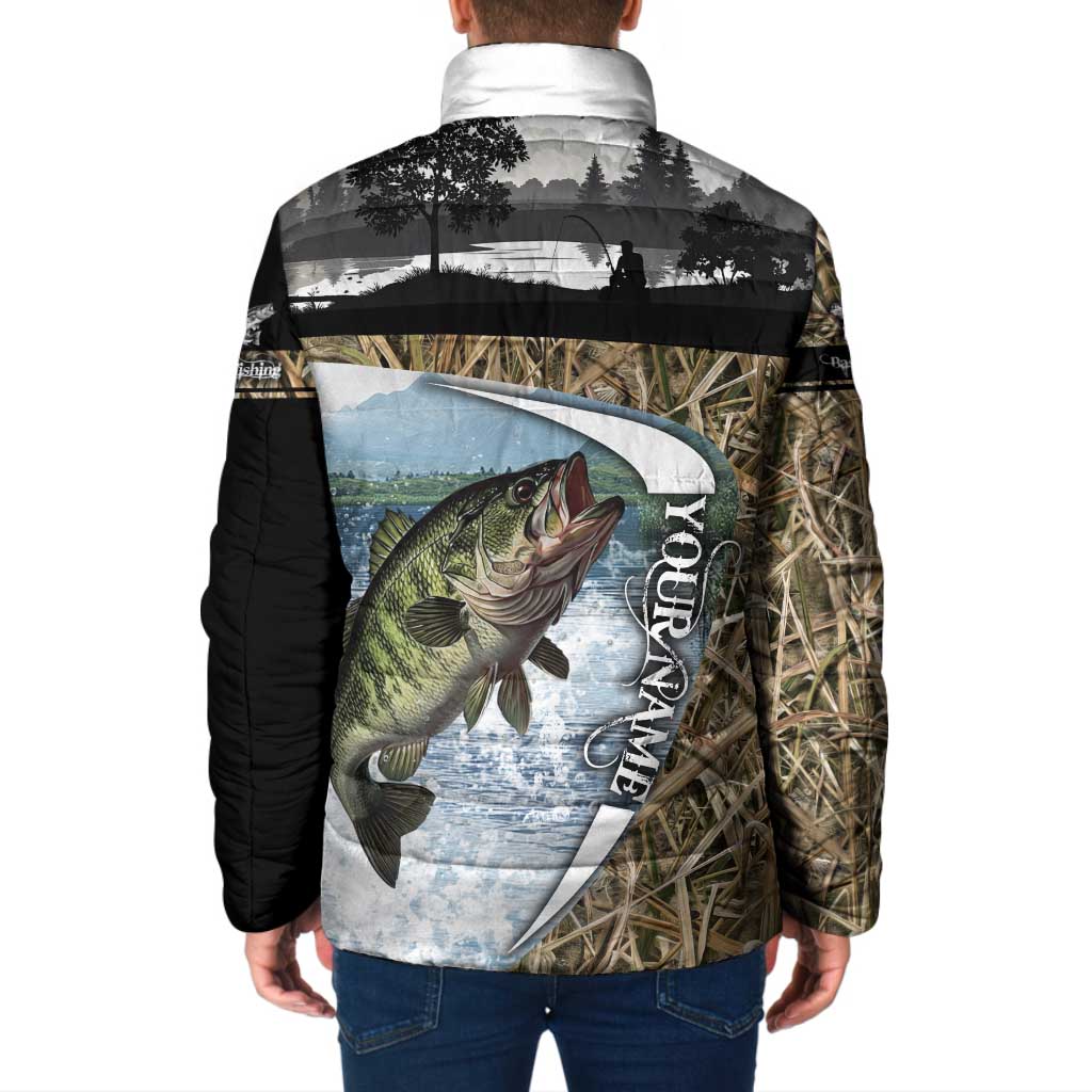 Personalized Largemouth Bass Fishing Padded Jacket with Camo Reeds - Outdoor Angler Design - Wonder Print Shop