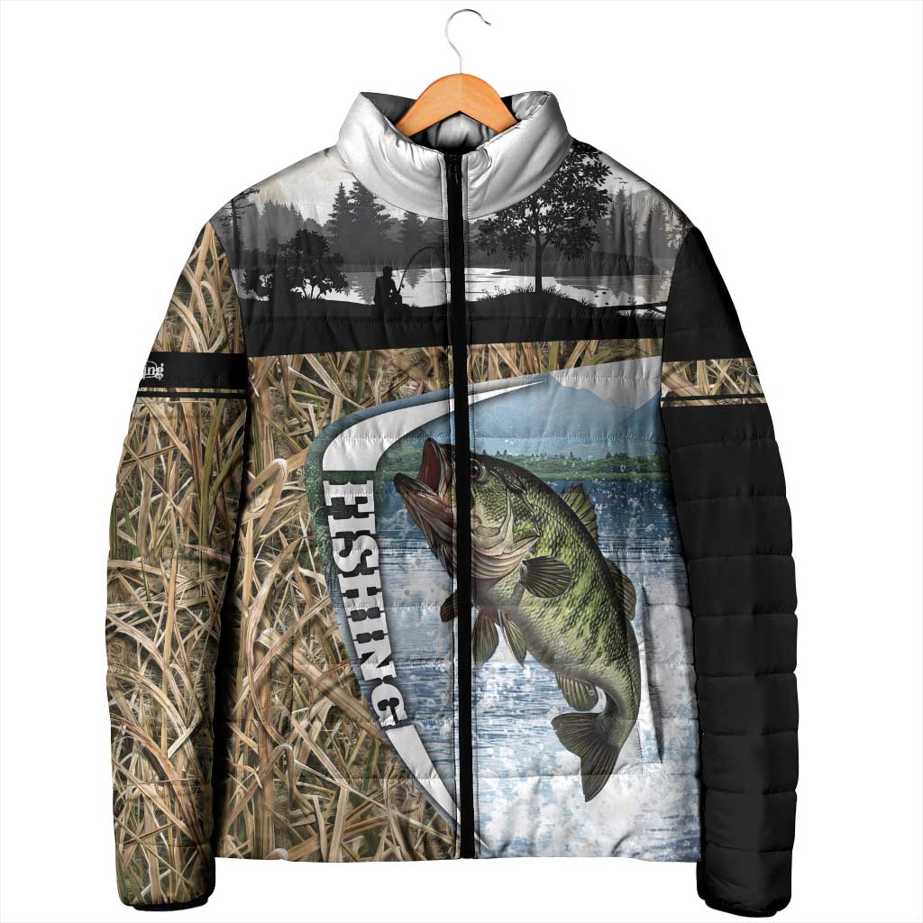 Personalized Largemouth Bass Fishing Padded Jacket with Camo Reeds - Outdoor Angler Design - Wonder Print Shop