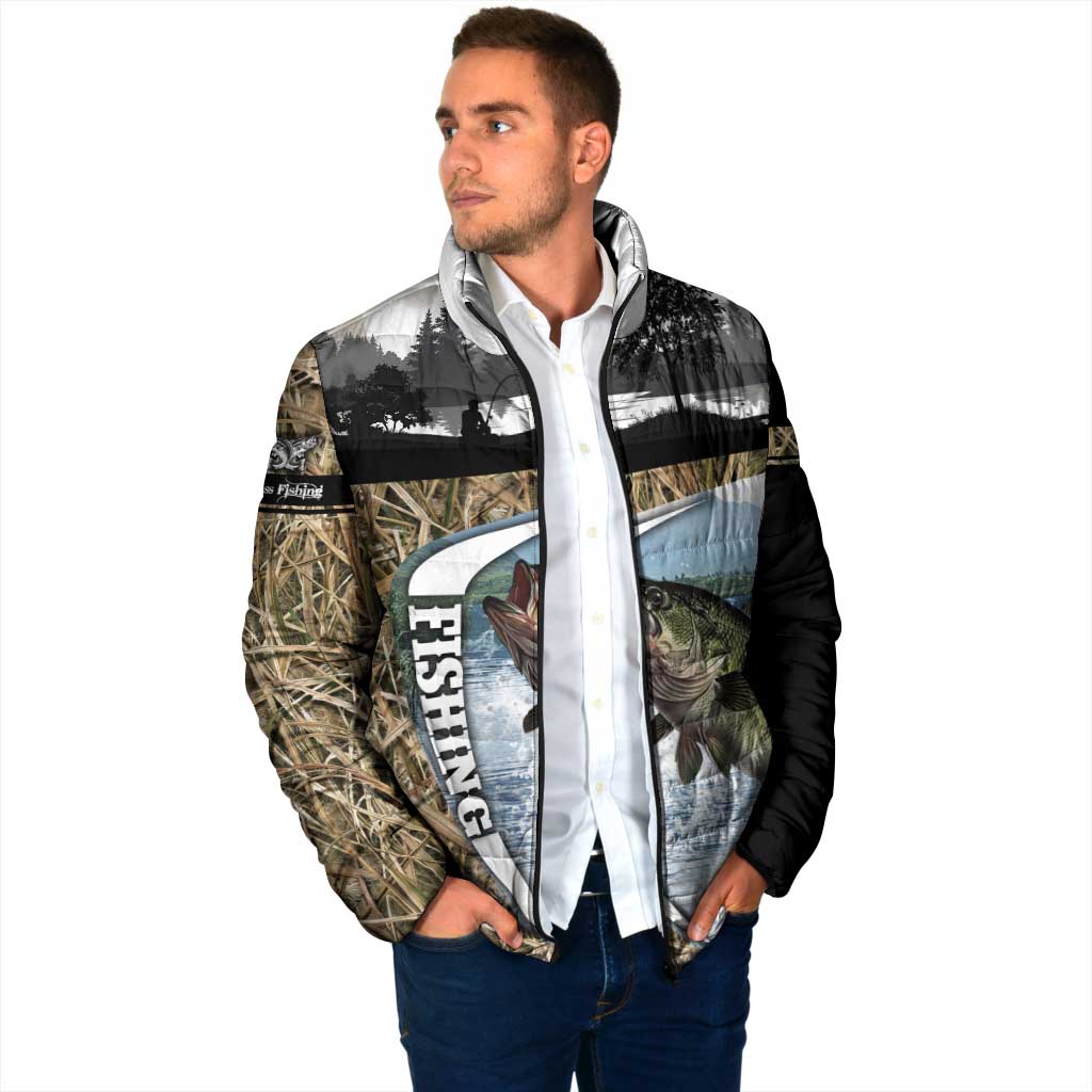Personalized Largemouth Bass Fishing Padded Jacket with Camo Reeds - Outdoor Angler Design - Wonder Print Shop