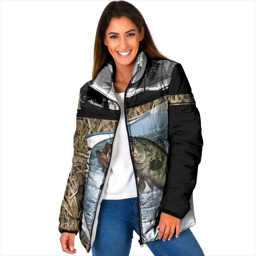 Personalized Largemouth Bass Fishing Padded Jacket with Camo Reeds - Outdoor Angler Design - Wonder Print Shop