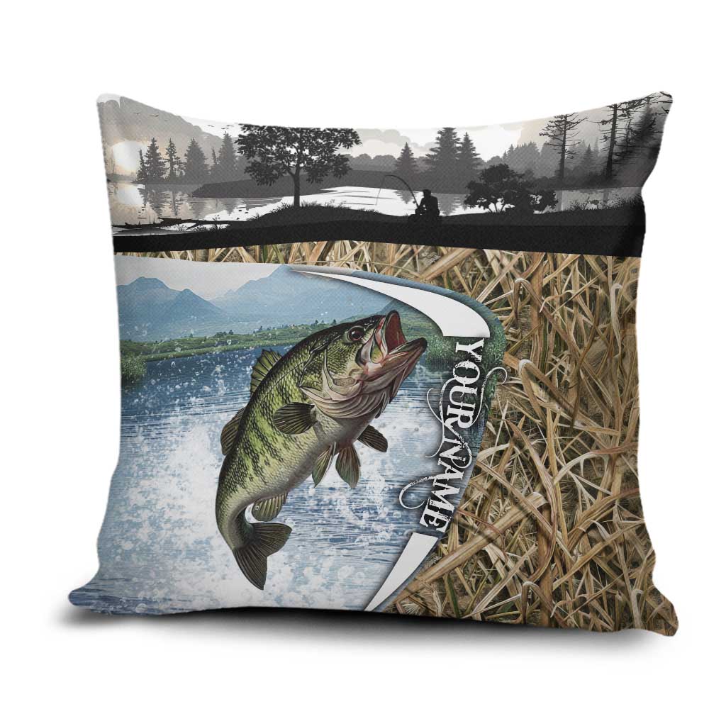 Personalized Largemouth Bass Fishing Pillow Cover with Camo Reeds - Outdoor Angler Design - Wonder Print Shop