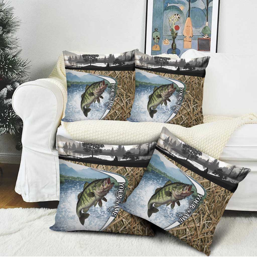 Personalized Largemouth Bass Fishing Pillow Cover with Camo Reeds - Outdoor Angler Design - Wonder Print Shop