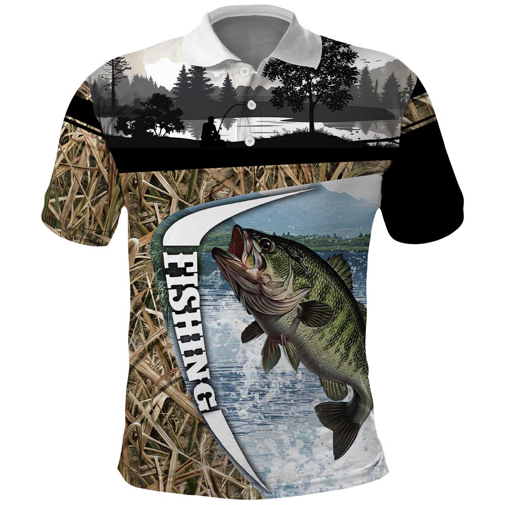 Personalized Largemouth Bass Fishing Polo Shirt with Camo Reeds - Outdoor Angler Design - Wonder Print Shop