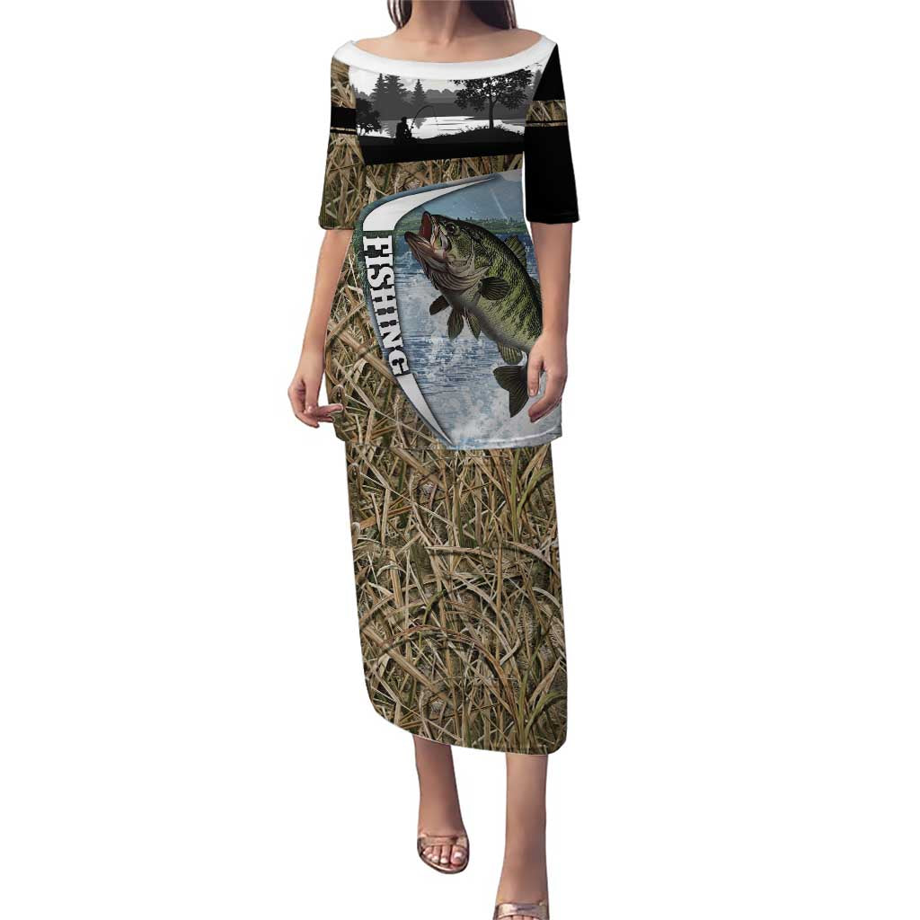 Personalized Largemouth Bass Fishing Puletasi with Camo Reeds - Outdoor Angler Design - Wonder Print Shop