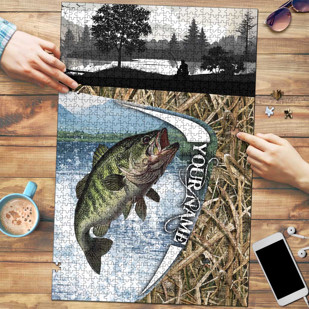 Personalized Largemouth Bass Fishing Puzzle with Camo Reeds - Outdoor Angler Design - Wonder Print Shop