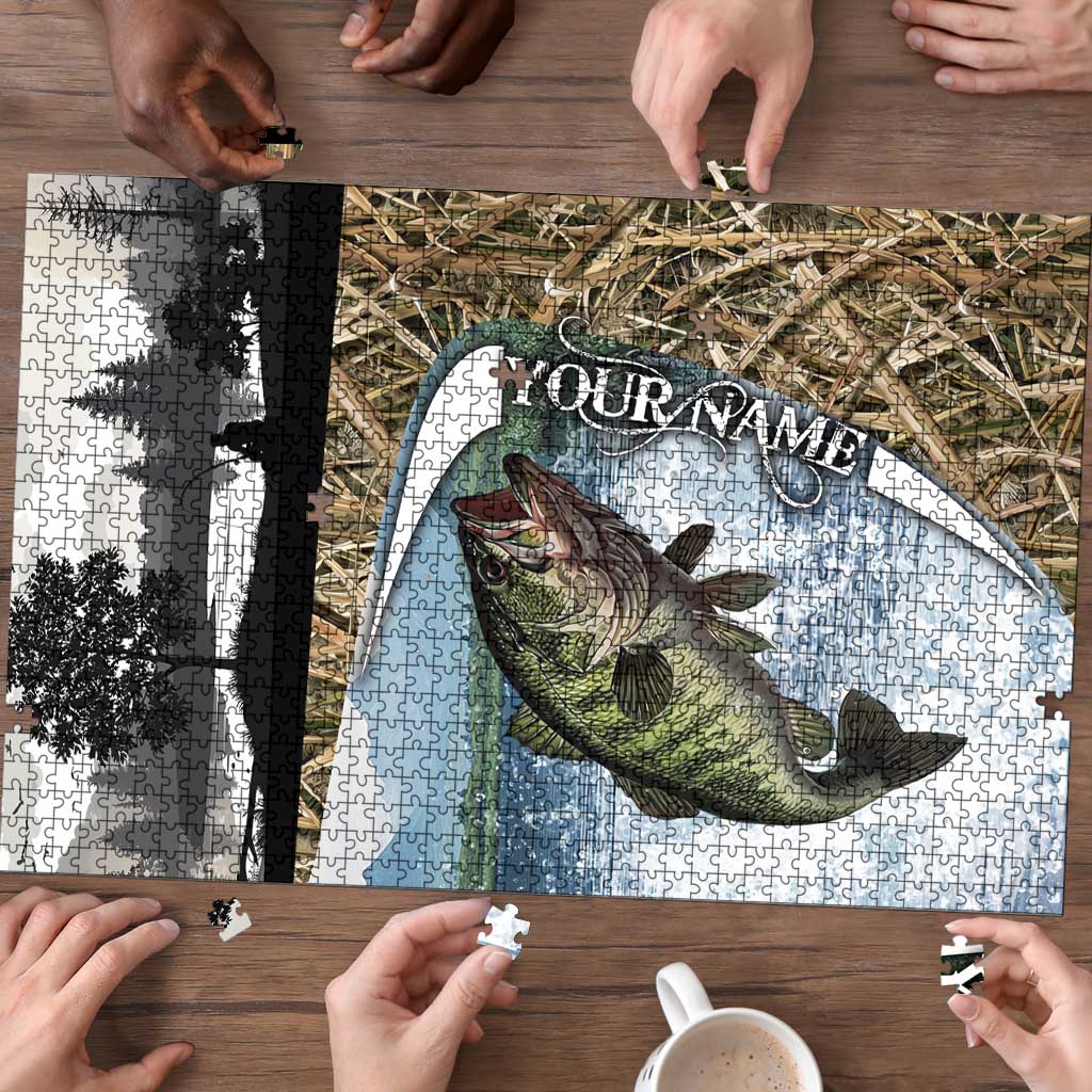 Personalized Largemouth Bass Fishing Puzzle with Camo Reeds - Outdoor Angler Design - Wonder Print Shop