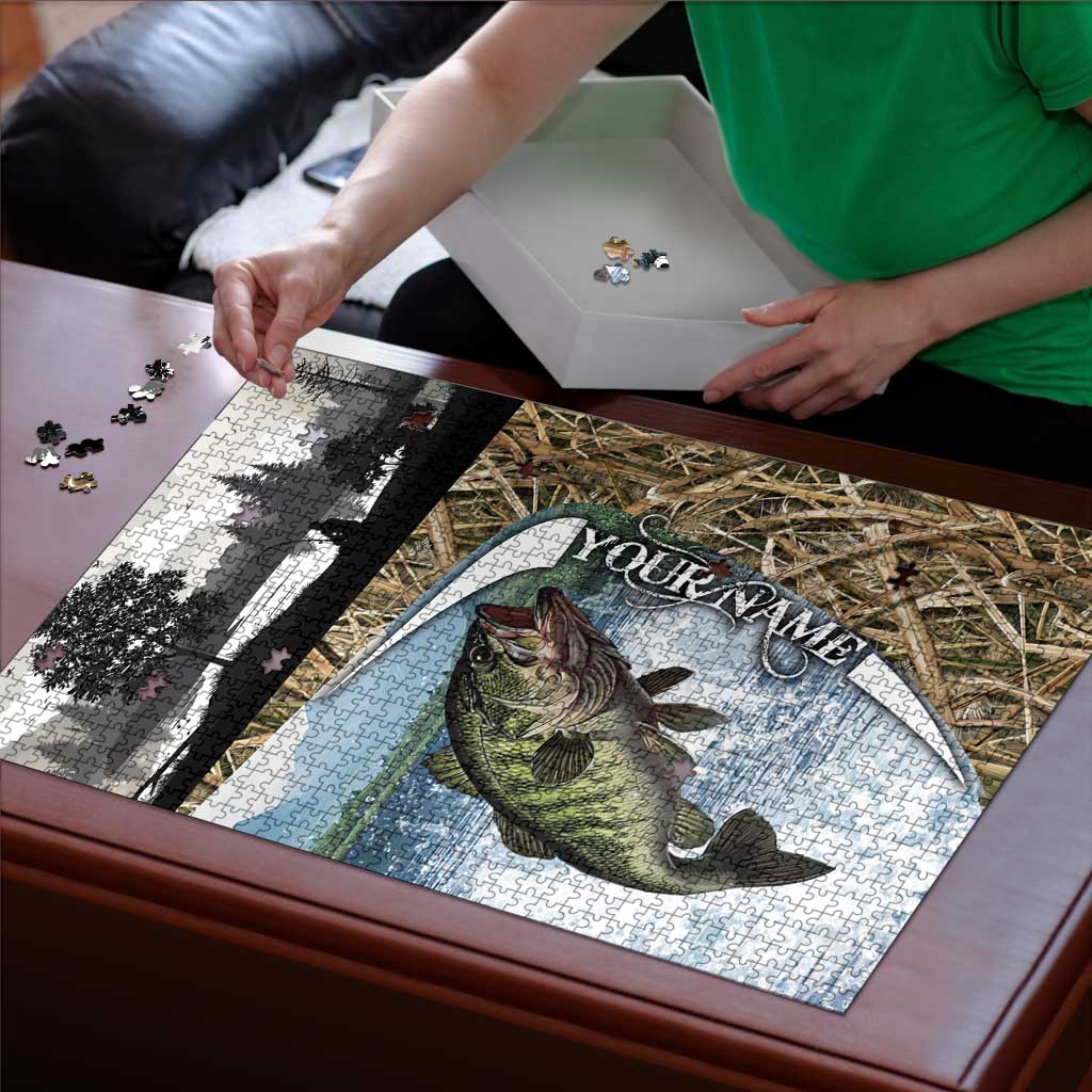 Personalized Largemouth Bass Fishing Puzzle with Camo Reeds - Outdoor Angler Design - Wonder Print Shop