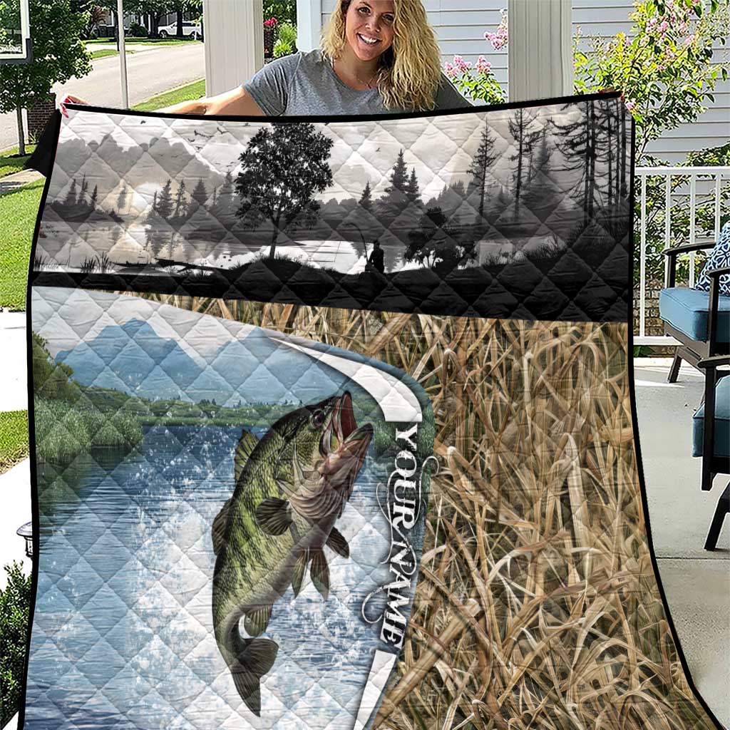 Personalized Largemouth Bass Fishing Quilt with Camo Reeds - Outdoor Angler Design - Wonder Print Shop
