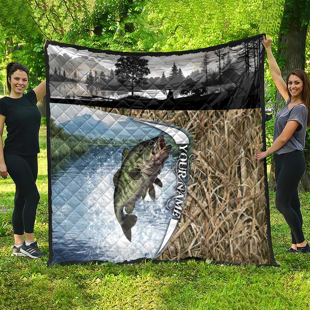 Personalized Largemouth Bass Fishing Quilt with Camo Reeds - Outdoor Angler Design - Wonder Print Shop