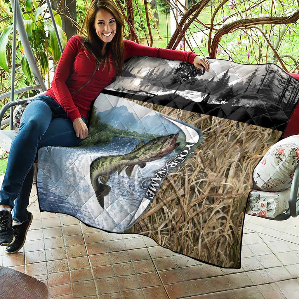 Personalized Largemouth Bass Fishing Quilt with Camo Reeds - Outdoor Angler Design - Wonder Print Shop