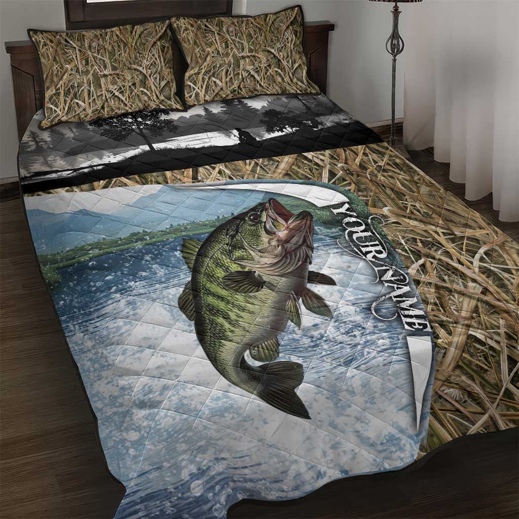 Personalized Largemouth Bass Fishing Quilt Bed Set with Camo Reeds - Outdoor Angler Design - Wonder Print Shop