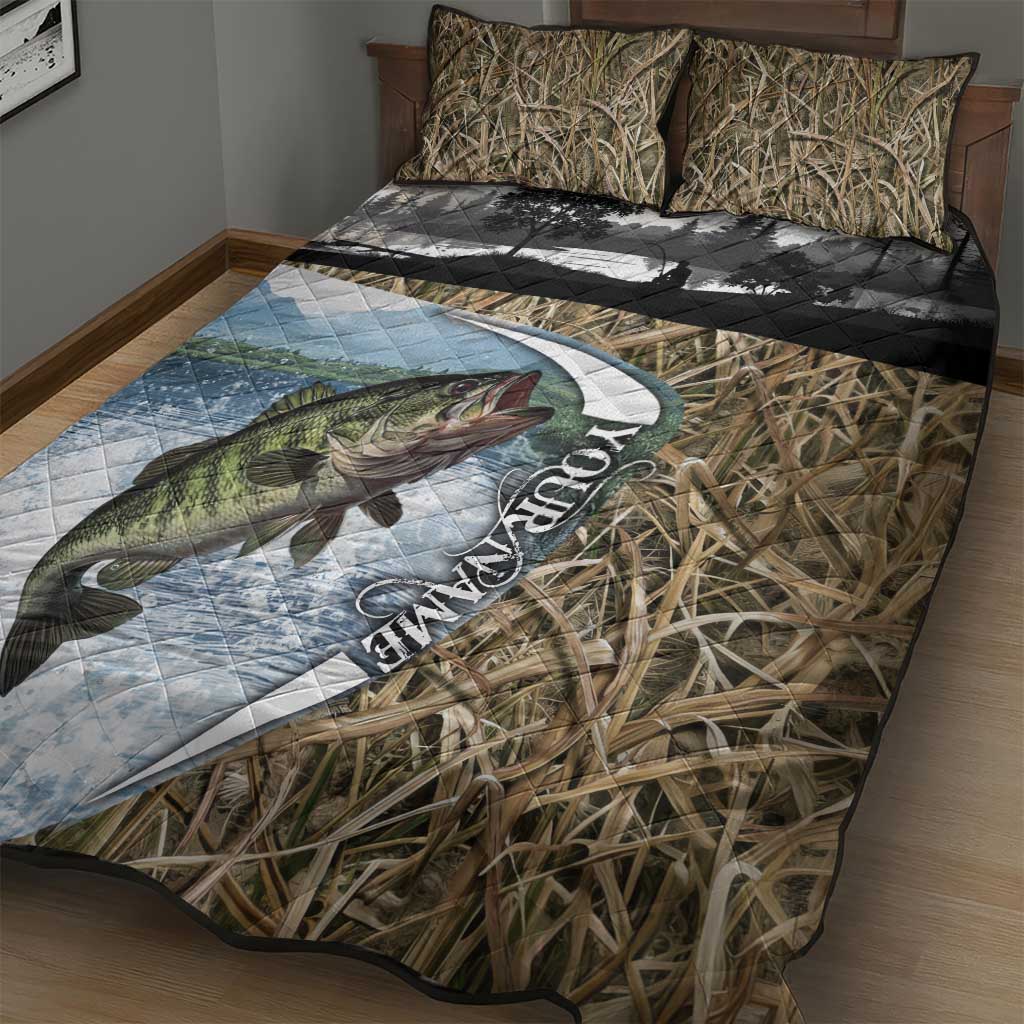 Personalized Largemouth Bass Fishing Quilt Bed Set with Camo Reeds - Outdoor Angler Design - Wonder Print Shop