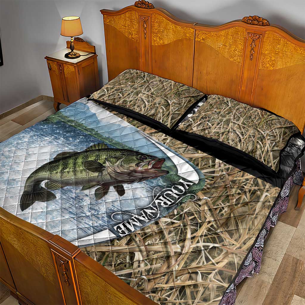 Personalized Largemouth Bass Fishing Quilt Bed Set with Camo Reeds - Outdoor Angler Design - Wonder Print Shop