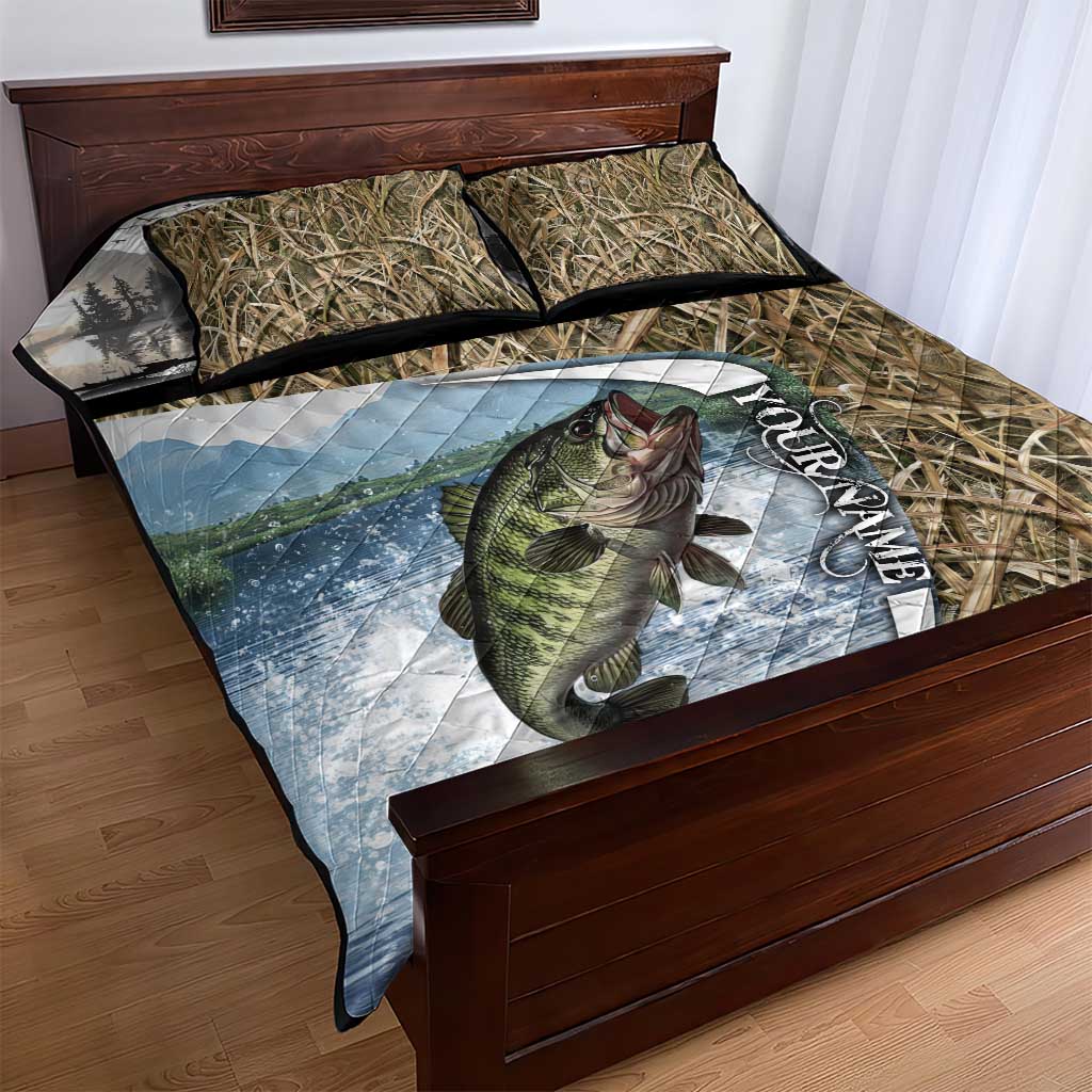 Personalized Largemouth Bass Fishing Quilt Bed Set with Camo Reeds - Outdoor Angler Design - Wonder Print Shop