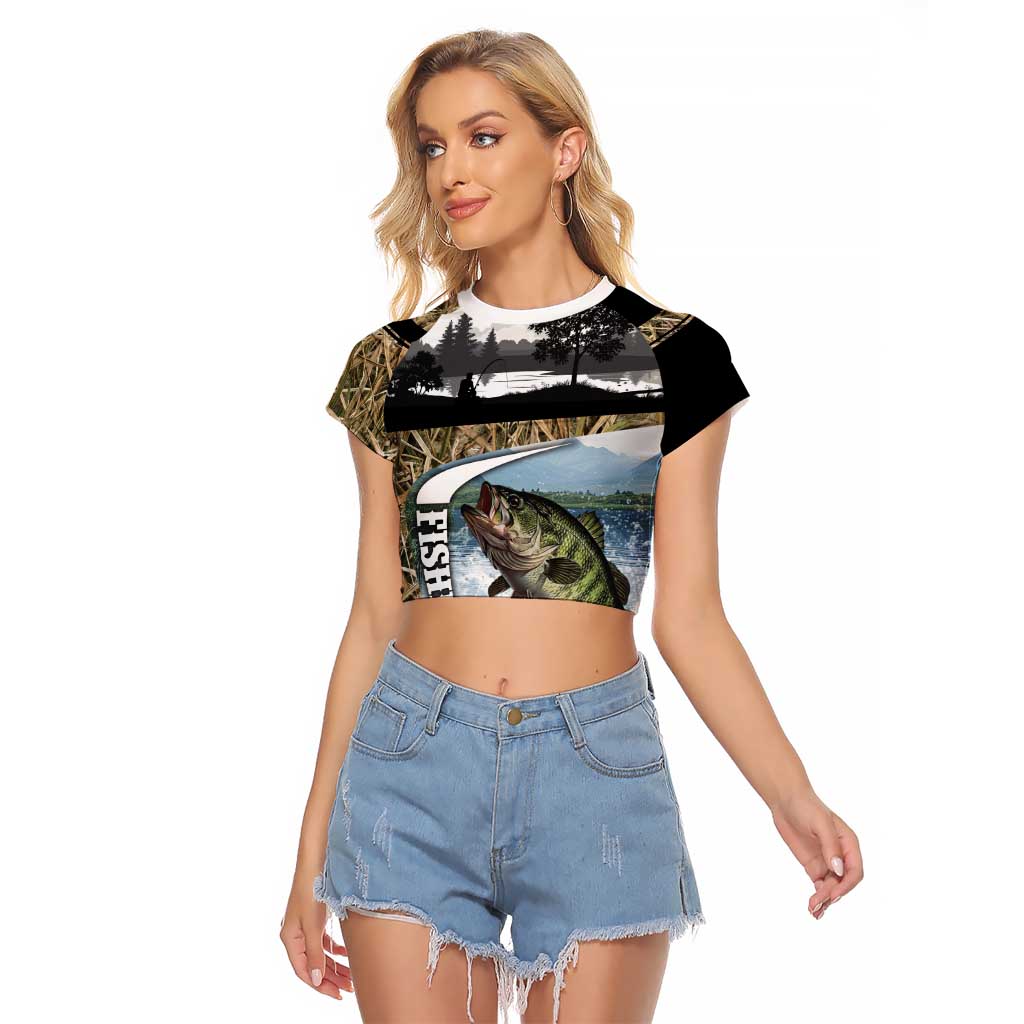 Personalized Largemouth Bass Fishing Raglan Cropped T Shirt with Camo Reeds - Outdoor Angler Design - Wonder Print Shop