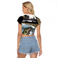Personalized Largemouth Bass Fishing Raglan Cropped T Shirt with Camo Reeds - Outdoor Angler Design - Wonder Print Shop