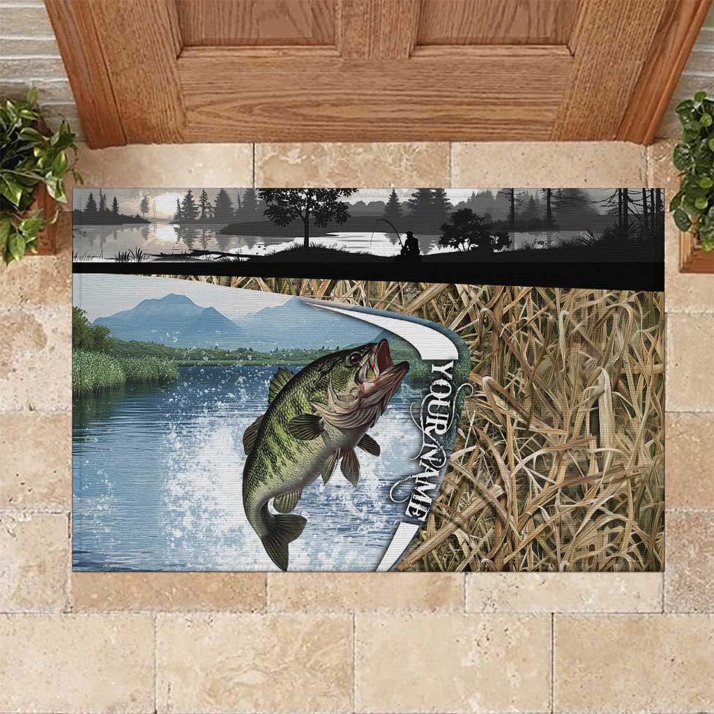 Personalized Largemouth Bass Fishing Rubber Doormat with Camo Reeds - Outdoor Angler Design - Wonder Print Shop