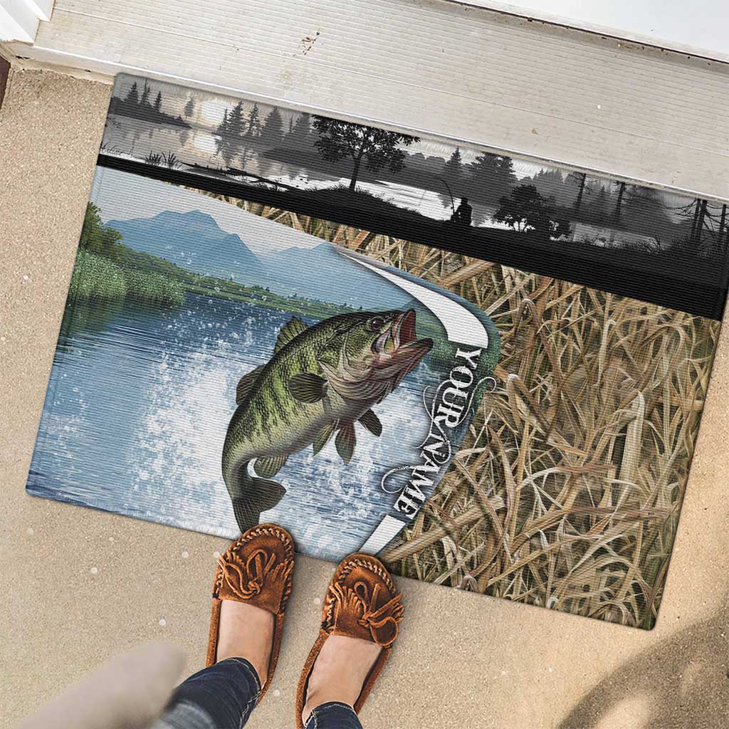 Personalized Largemouth Bass Fishing Rubber Doormat with Camo Reeds - Outdoor Angler Design - Wonder Print Shop