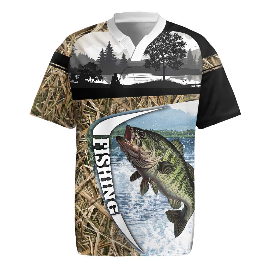 Personalized Largemouth Bass Fishing Rugby Jersey with Camo Reeds - Outdoor Angler Design - Wonder Print Shop