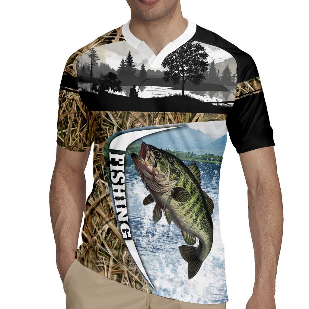 Personalized Largemouth Bass Fishing Rugby Jersey with Camo Reeds - Outdoor Angler Design - Wonder Print Shop