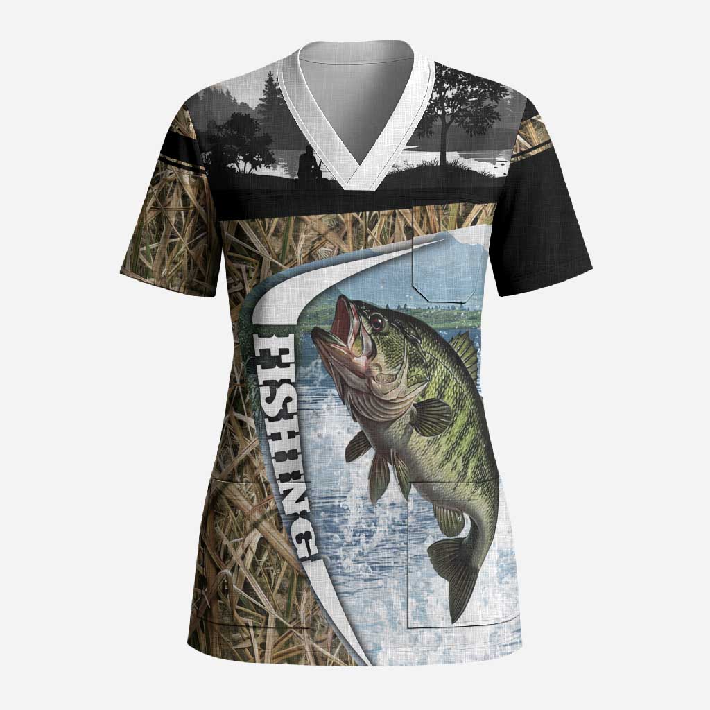 Personalized Largemouth Bass Fishing Scrub Top with Camo Reeds - Outdoor Angler Design - Wonder Print Shop