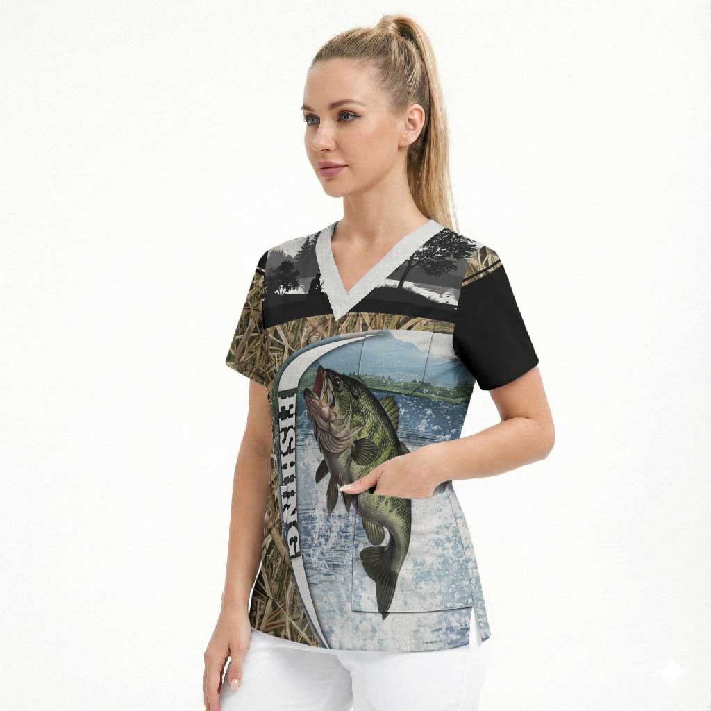 Personalized Largemouth Bass Fishing Scrub Top with Camo Reeds - Outdoor Angler Design - Wonder Print Shop