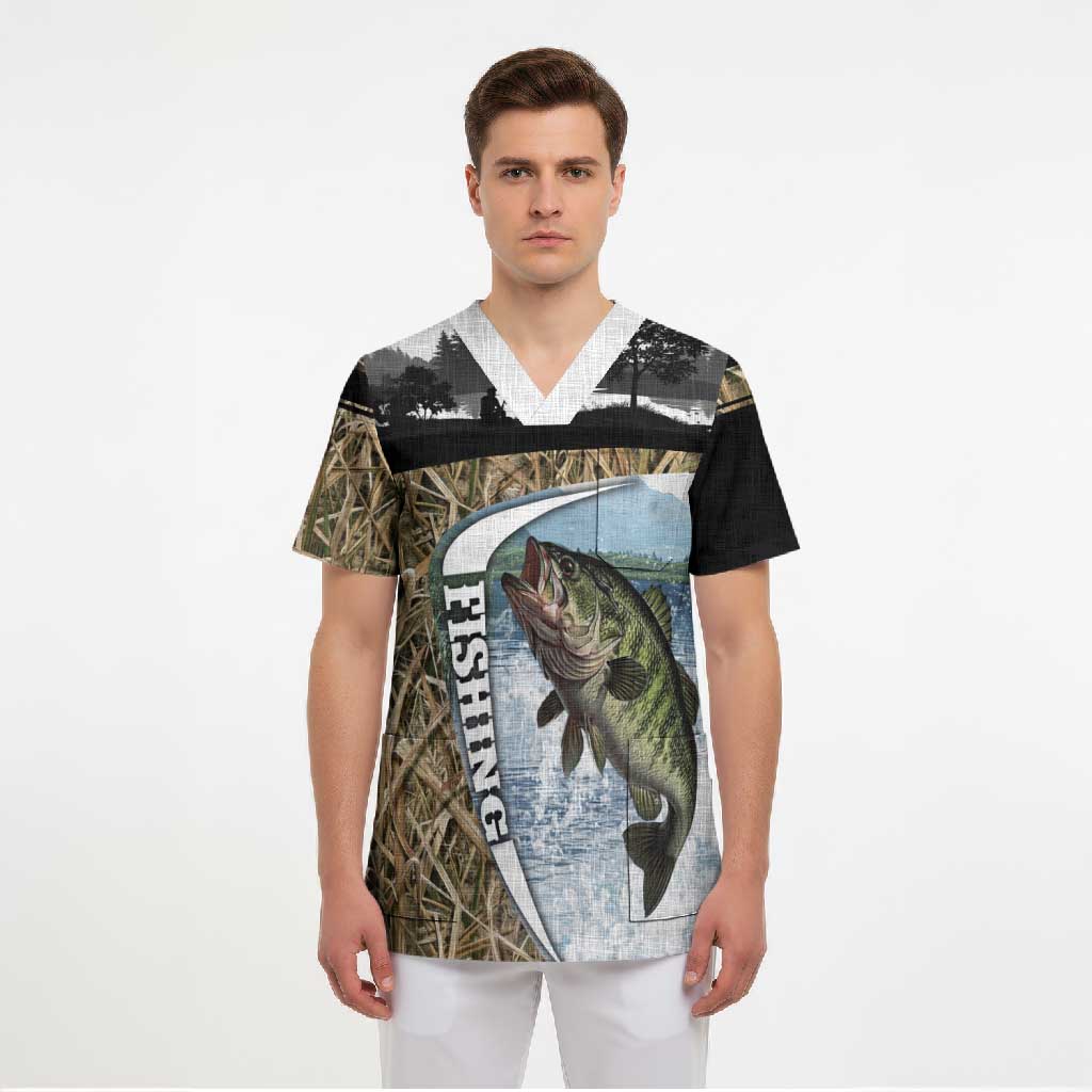 Personalized Largemouth Bass Fishing Scrub Top with Camo Reeds - Outdoor Angler Design - Wonder Print Shop