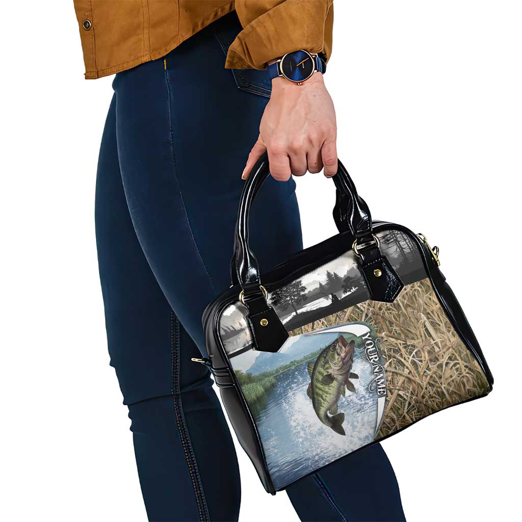 Personalized Largemouth Bass Fishing Shoulder Handbag with Camo Reeds - Outdoor Angler Design - Wonder Print Shop