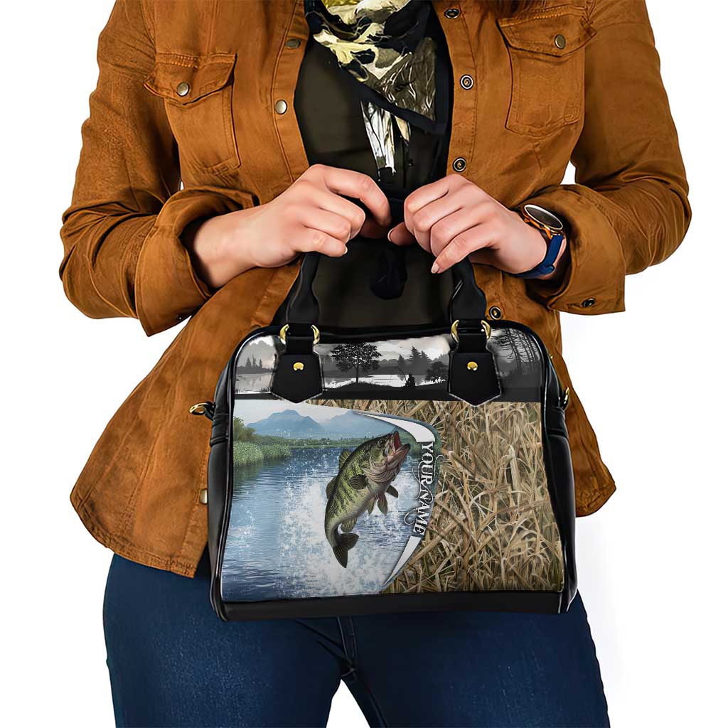 Personalized Largemouth Bass Fishing Shoulder Handbag with Camo Reeds - Outdoor Angler Design - Wonder Print Shop