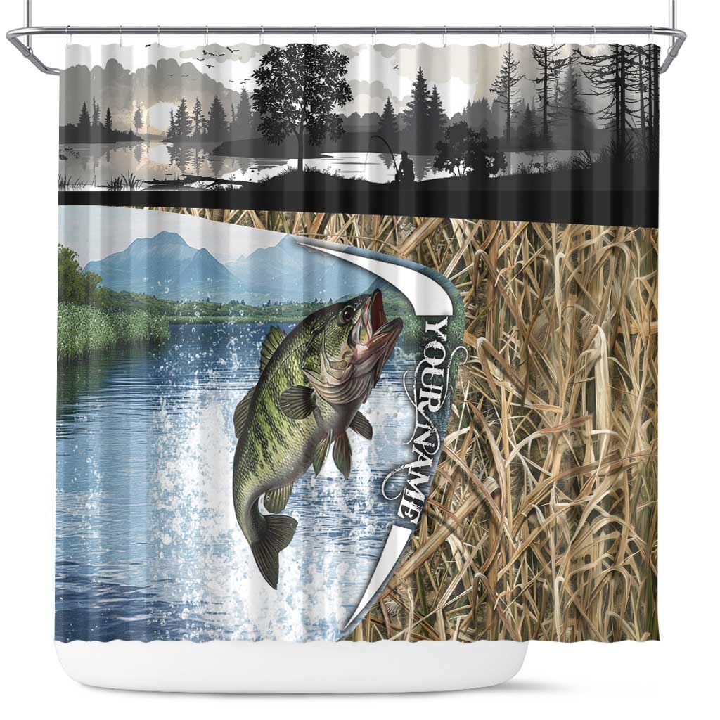 Personalized Largemouth Bass Fishing Shower Curtain with Camo Reeds - Outdoor Angler Design - Wonder Print Shop
