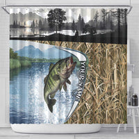 Personalized Largemouth Bass Fishing Shower Curtain with Camo Reeds - Outdoor Angler Design - Wonder Print Shop