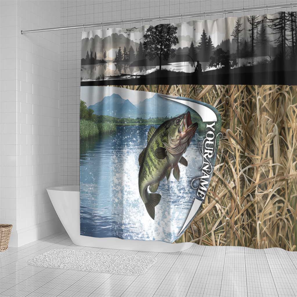 Personalized Largemouth Bass Fishing Shower Curtain with Camo Reeds - Outdoor Angler Design - Wonder Print Shop