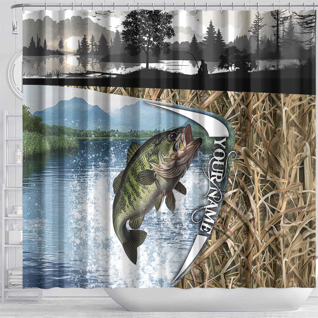 Personalized Largemouth Bass Fishing Shower Curtain with Camo Reeds - Outdoor Angler Design - Wonder Print Shop